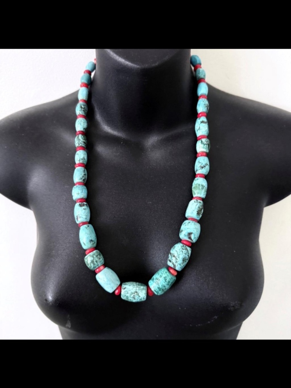 Vintage Graduated Faux Turquoise & Red Coral Bead 25" Necklace Chunky Southwest